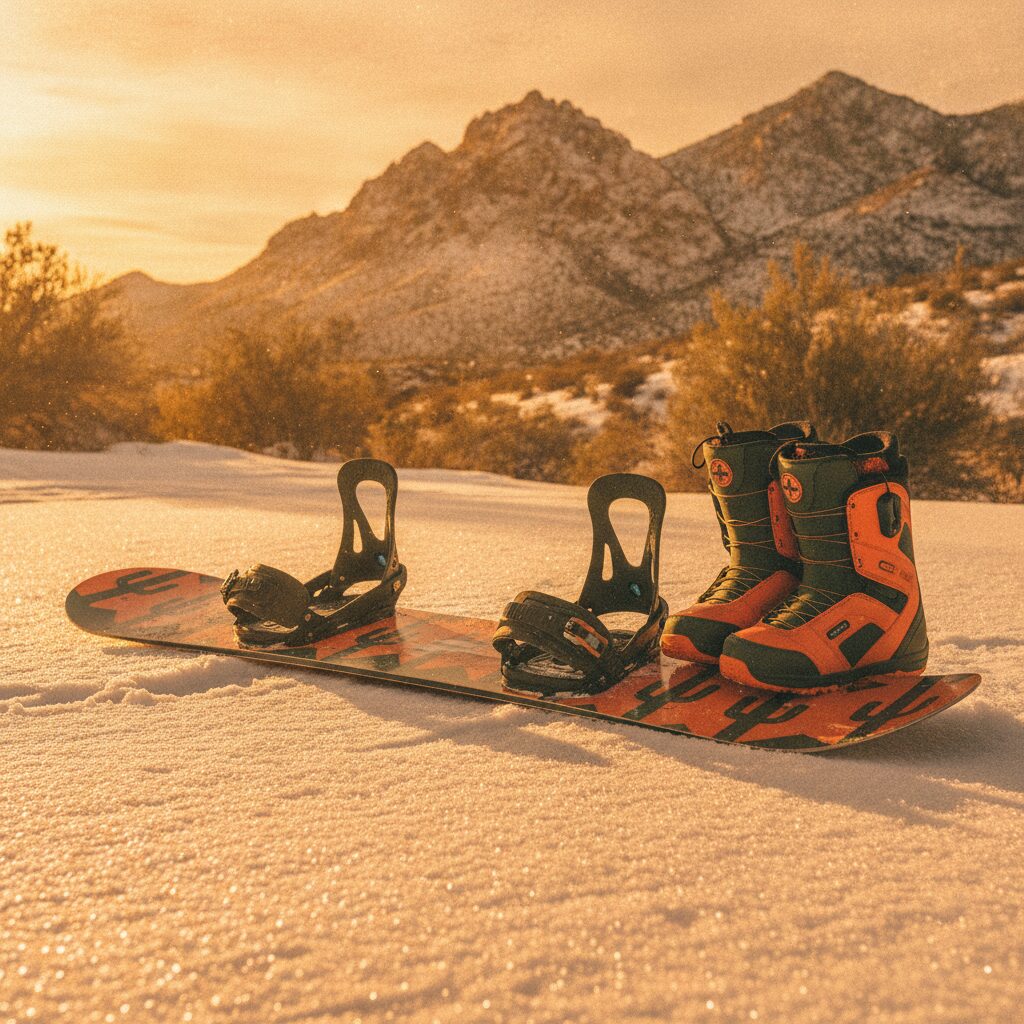 Snowboard gear laid out and ready for a trip